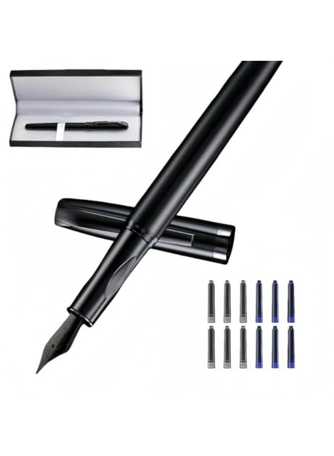 CLENEA Black Metal Fountain Pen，Extra Fine Nib Fountain Pen，Fountain pen for writing refillable，fountain pens with sacs，Contains 1 pen and 6 blue ink sacs and 6 black ink sacs - Image 1